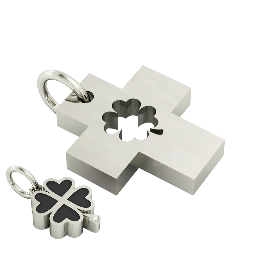 little cross with quatrefoil, cobo pendant, made of 925 sterling silver with black enamel / 22