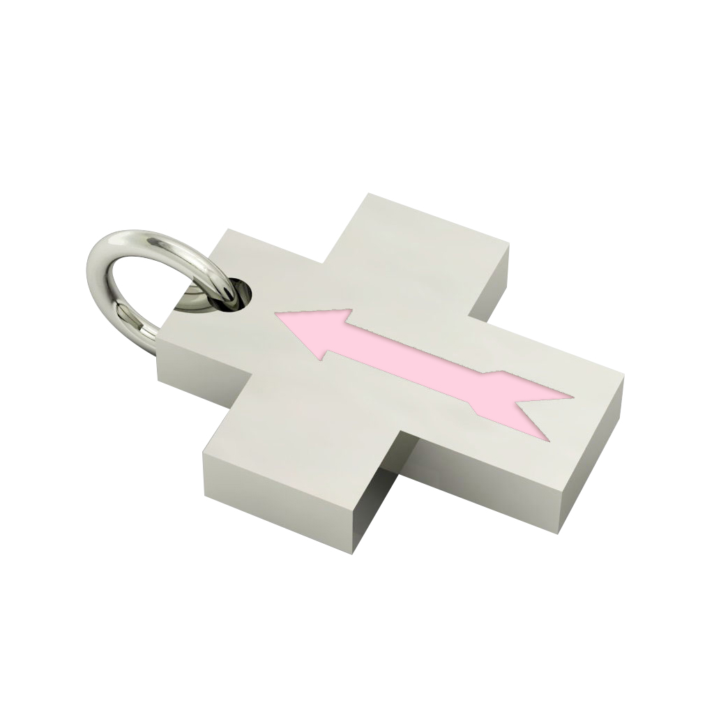 Little Cross with an internal enamel Arrow, made of 925 sterling silver / 18k white gold finish with pink enamel