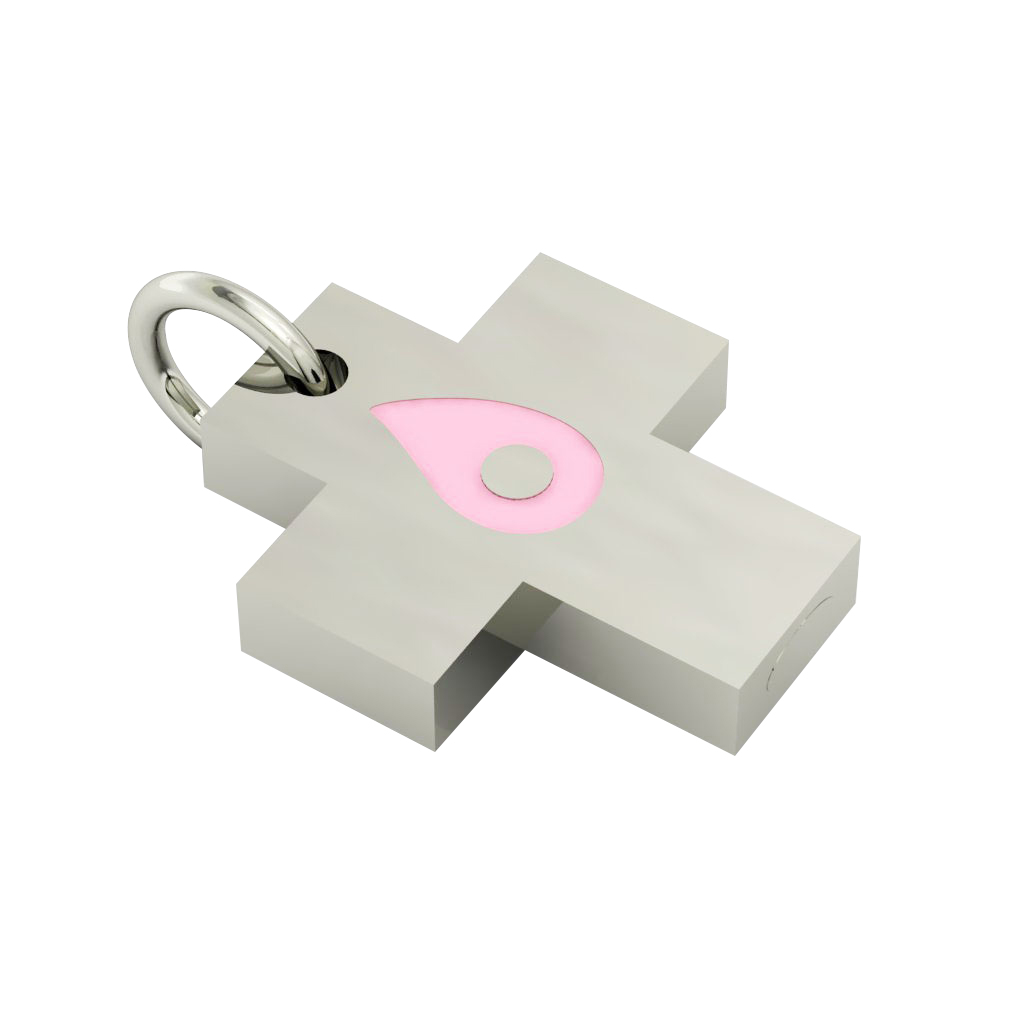 Little Cross with an internal enamel Drop Evil Eye, made of 925 sterling silver / 18k white gold finish with pink enamel
