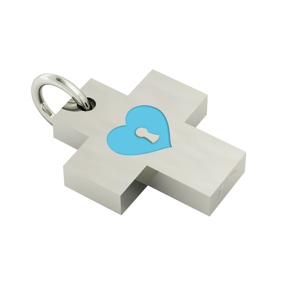 Little Cross with an internal enamel Heart Padlock, made of 925 sterling silver / 18k white gold finish with turquoise enamel