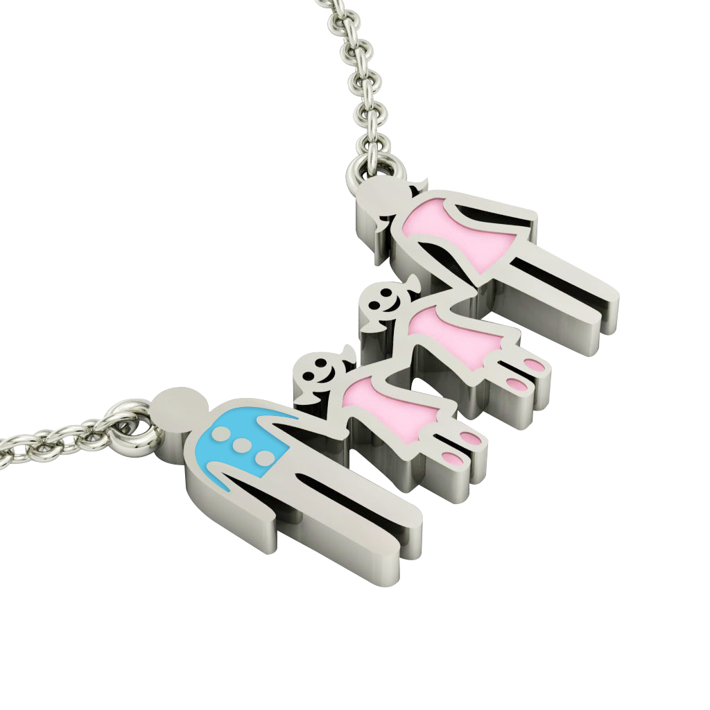 4-members Family necklace, father – 2 daughters – mother, made of 925 sterling silver / 18k white gold finish with turquoise and pink enamel