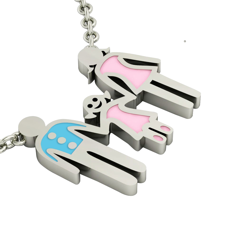 3-members Family necklace, father - daughter – mother, made of 925 sterling silver / 18k white gold finish with turquoise and pink enamel