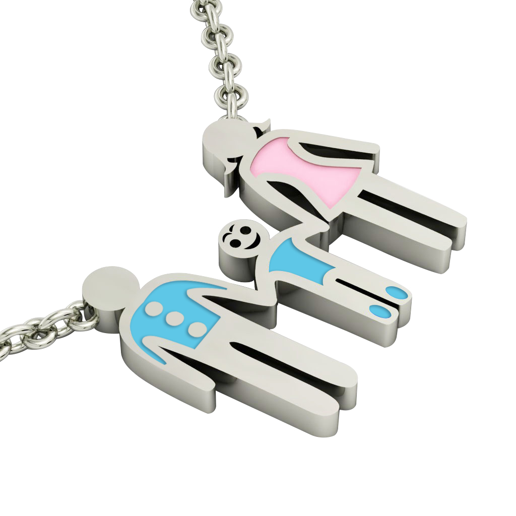 3-members Family necklace, father - son – mother, made of 925 sterling silver / 18k white gold finish with turquoise and pink enamel