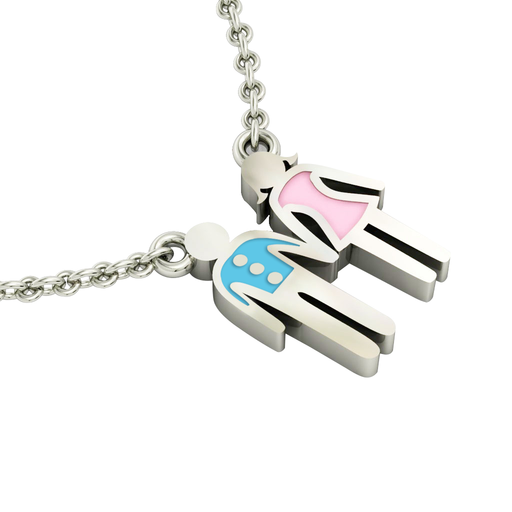 couple, man and woman necklace, made of 925 sterling silver / 18k white gold finish with turquoise and pink enamel