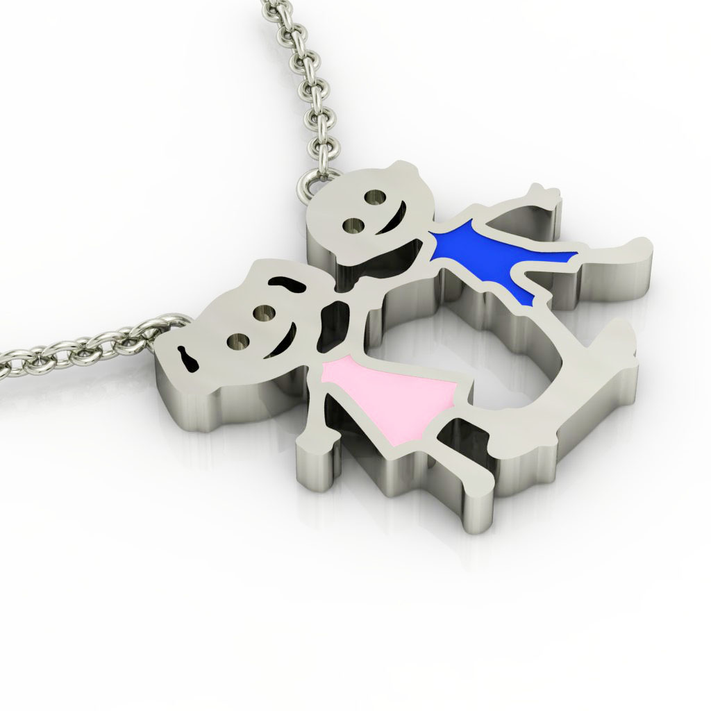 Sister and Brother, Family necklace, made of 925 sterling silver / 18k white gold finish with blue and pink enamel