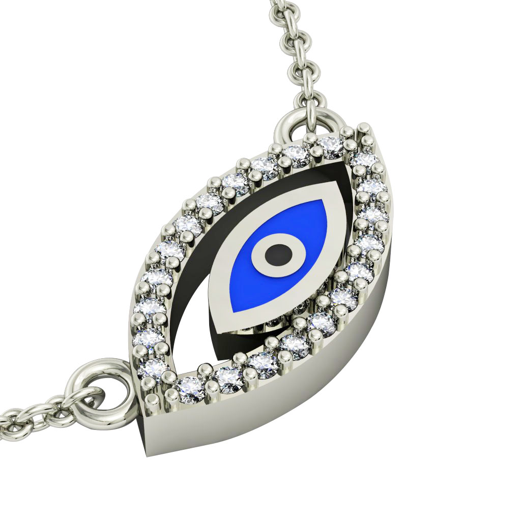 Twin Evil Eye Necklace, made of 925 sterling silver / 18k white gold finish with blue enamel and white zircon