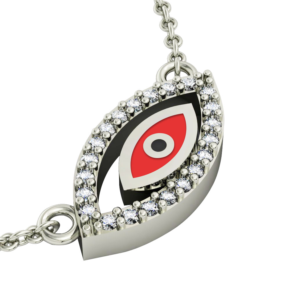 Twin Evil Eye Necklace, made of 925 sterling silver / 18k white gold finish with red enamel and white zircon