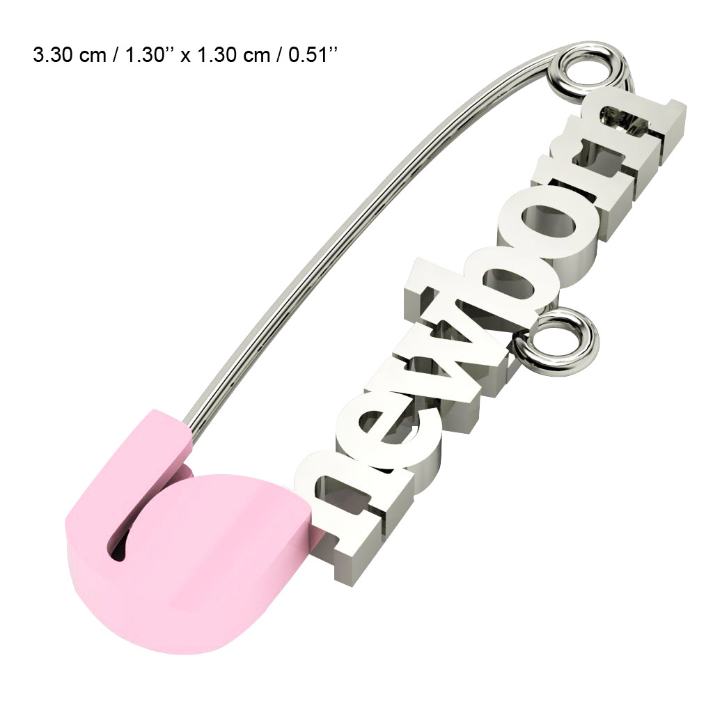 baby safety pin, classic clasp – newborn, made of 18k white gold vermeil on 925 sterling silver with pink enamel