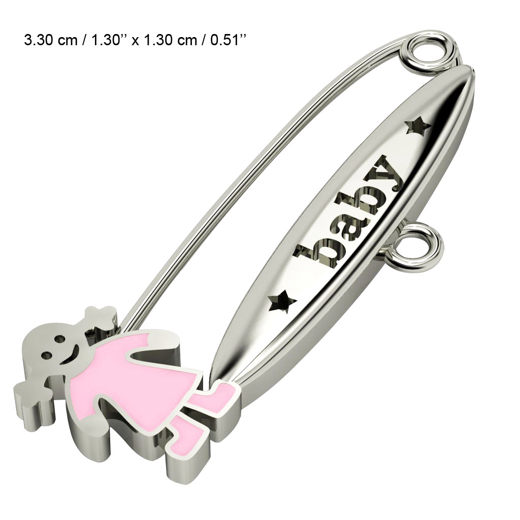 baby safety pin, girl – baby, made of 18k white gold vermeil on 925 sterling silver with pink enamel