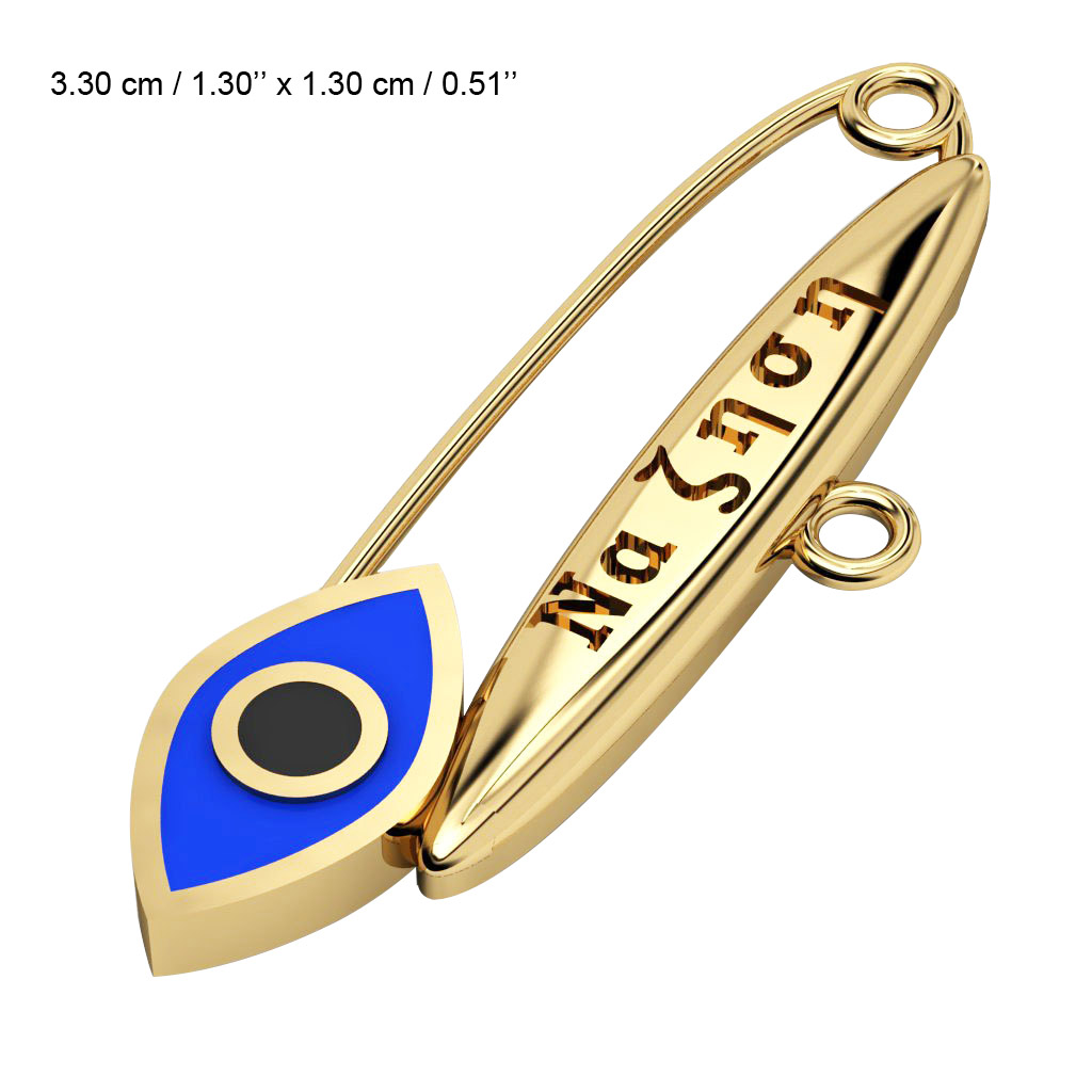 baby safety pin, navette eye – να ζηση, made of 18k gold vermeil on 925 sterling silver with blue enamel