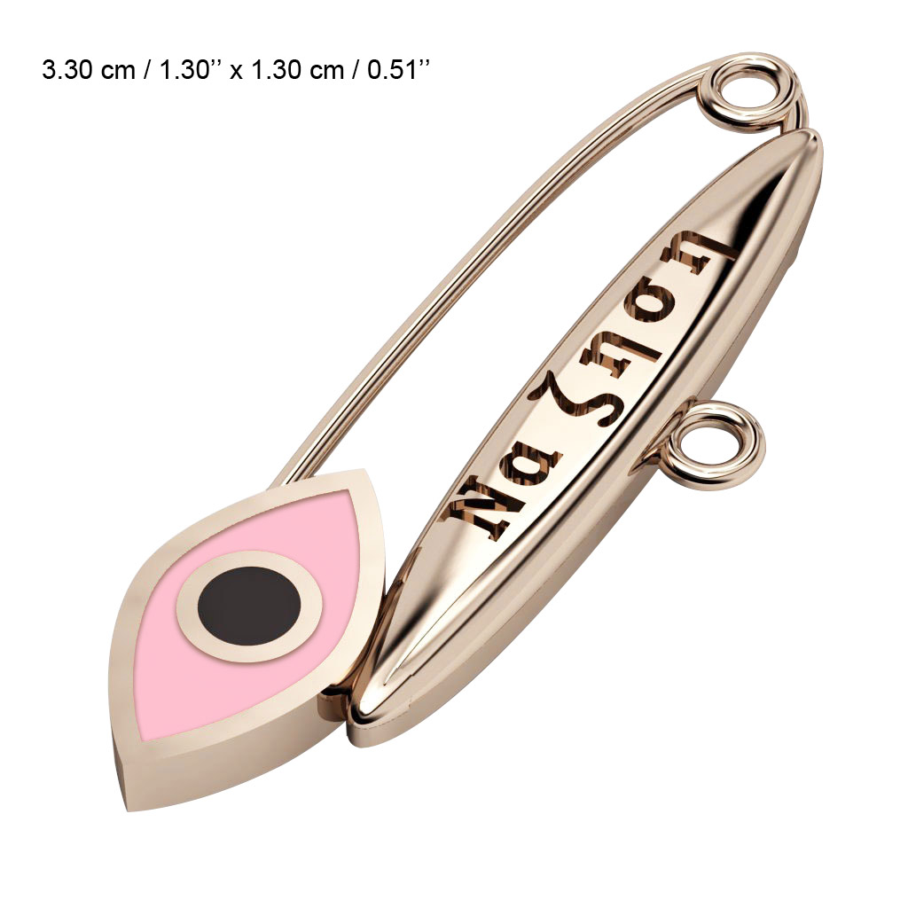 baby safety pin, navette eye – να ζηση, made of 18k rose gold vermeil on 925 sterling silver with pink enamel