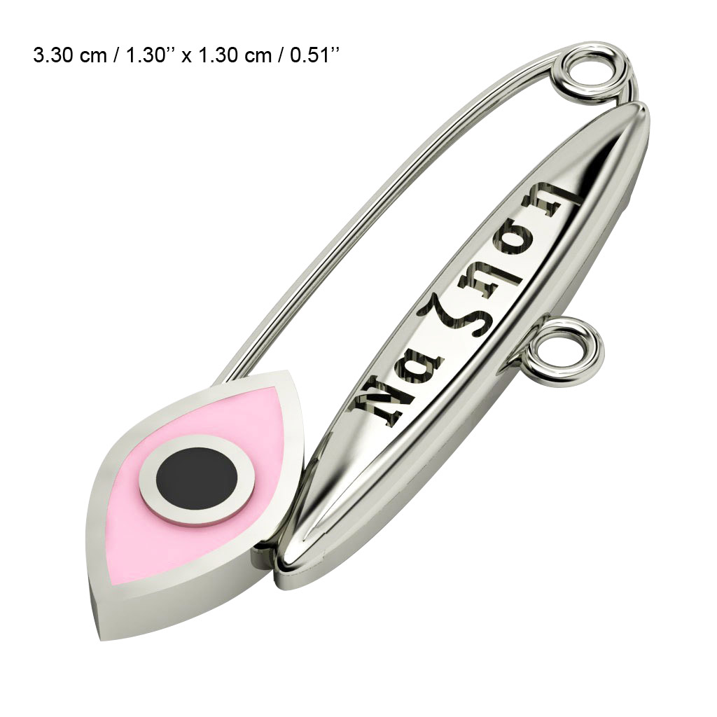 baby safety pin, navette eye – να ζηση, made of 18k white gold vermeil on 925 sterling silver with pink enamel