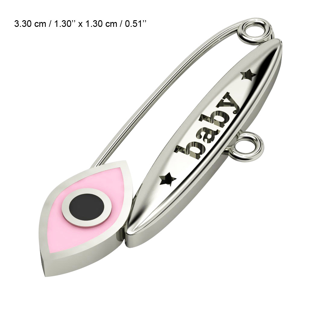 baby safety pin, navette eye – baby, made of 18k white gold vermeil on 925 sterling silver with pink enamel