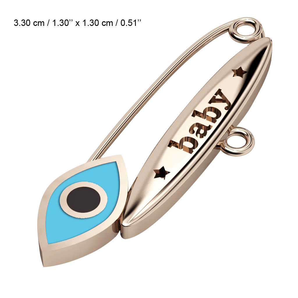 baby safety pin, navette eye – baby, made of 18k rose gold vermeil on 925 sterling silver with turquoise enamel