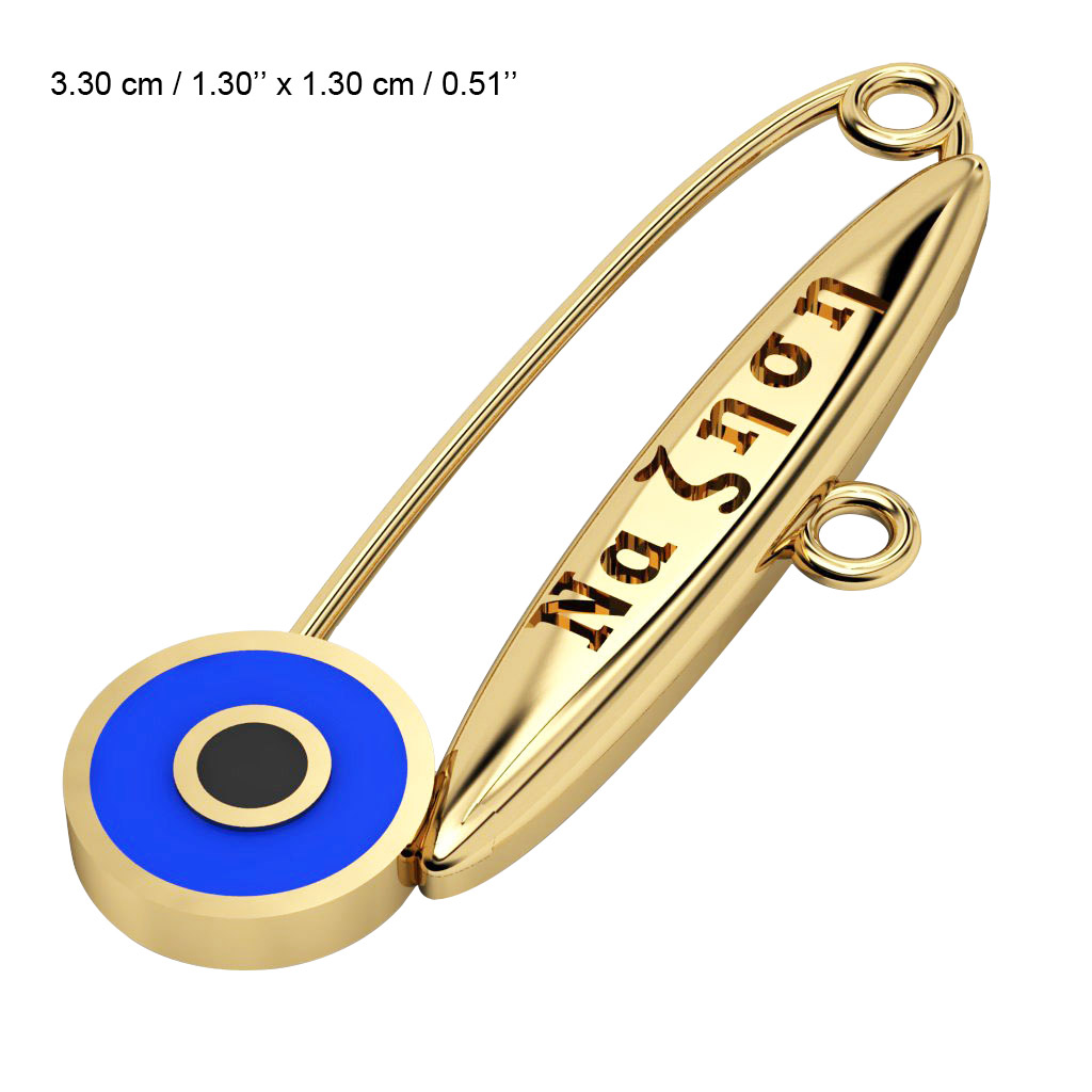 baby safety pin, round eye – να ζηση, made of 18k gold vermeil on 925 sterling silver with blue enamel