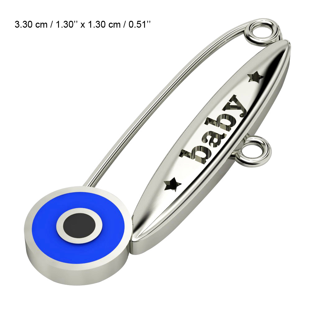 baby safety pin, round eye – baby, made of 18k white gold vermeil on 925 sterling silver with blue enamel