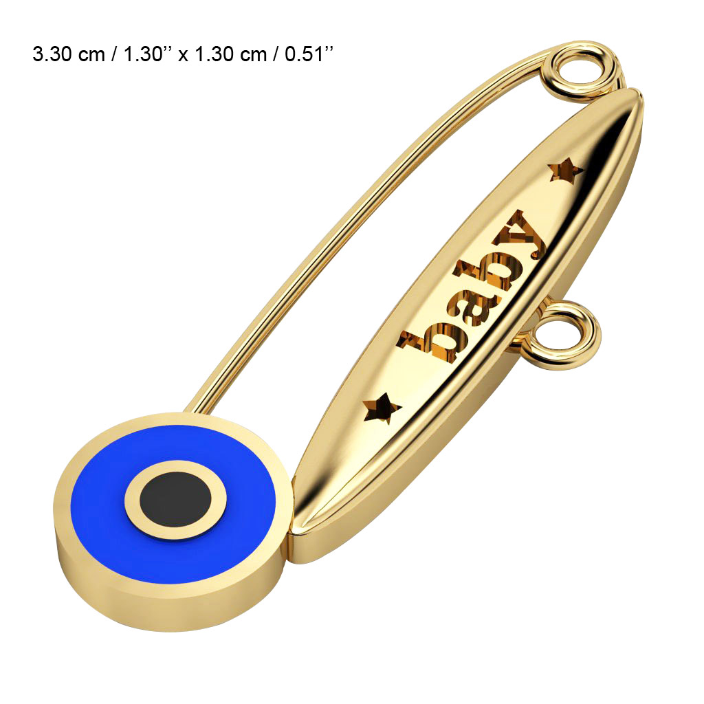 baby safety pin, round eye – baby, made of 18k gold vermeil on 925 sterling silver with blue enamel