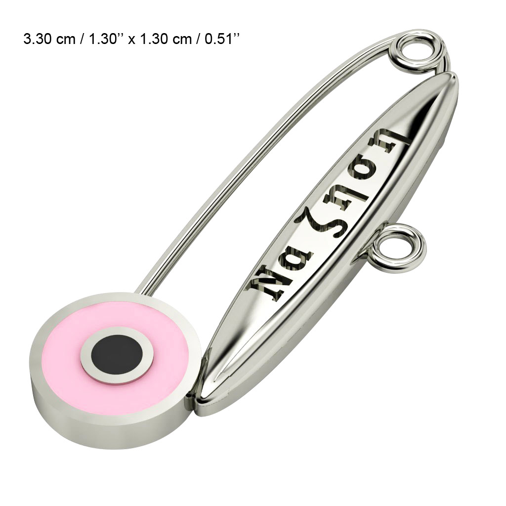 baby safety pin, round eye – να ζηση, made of 18k white gold vermeil on 925 sterling silver with pink enamel