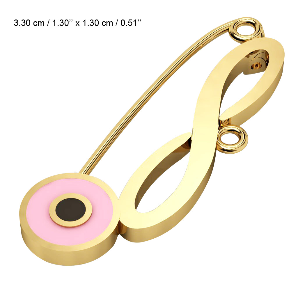 baby safety pin, round eye – infinity, made of 18k gold vermeil on 925 sterling silver with pink enamel
