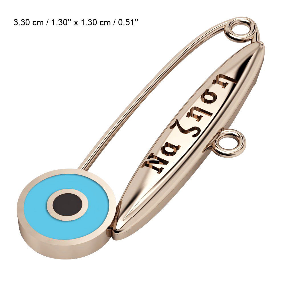 baby safety pin, round eye – να ζηση, made of 18k rose gold vermeil on 925 sterling silver with turquoise enamel