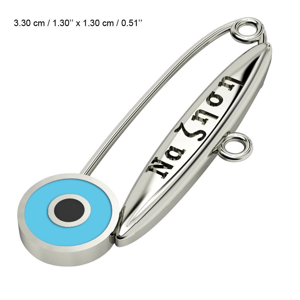 baby safety pin, round eye – να ζηση, made of 18k white gold vermeil on 925 sterling silver with turquoise enamel