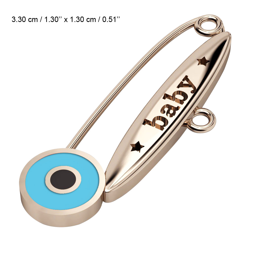 baby safety pin, round eye – baby, made of 18k rose gold vermeil on 925 sterling silver with turquoise enamel
