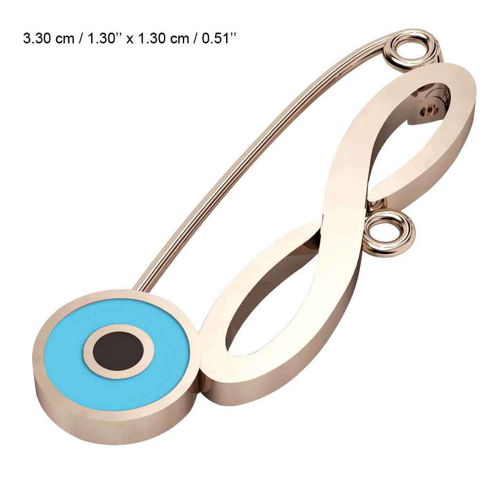 baby safety pin, round eye – infinity, made of 18k rose gold vermeil on 925 sterling silver with turquoise enamel