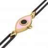 Navette Evil Eye Macrame Charm Bracelet, made of 925 sterling silver / 18k gold  finish with black and pink enamel – black cord