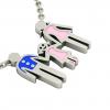 3-members Family necklace, father - daughter – mother, made of 925 sterling silver / 18k white gold finish with blue and pink enamel