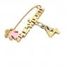 baby safety pin, girl – newborn – February 4th, made of 18k yellow gold vermeil on 925 sterling silver with pink enamel