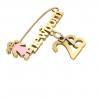 baby safety pin, girl – newborn – July 28th, made of 18k yellow gold vermeil on 925 sterling silver with pink enamel
