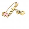 baby safety pin, girl – newborn – May 16th, made of 18k yellow gold vermeil on 925 sterling silver with pink enamel