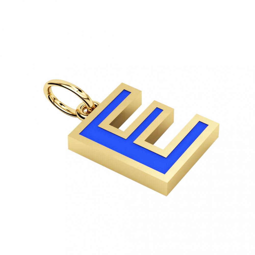 Alphabet Capital Initial Letter E Pendant, made of 925 sterling silver / 18k gold finish with blue enamel