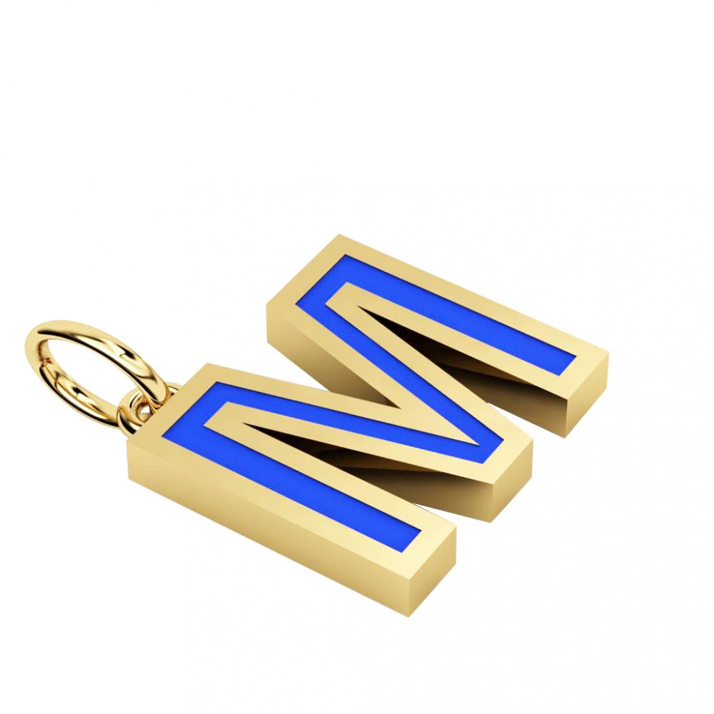 Alphabet Capital Initial Letter M Pendant, made of 925 sterling silver / 18k gold finish with blue enamel
