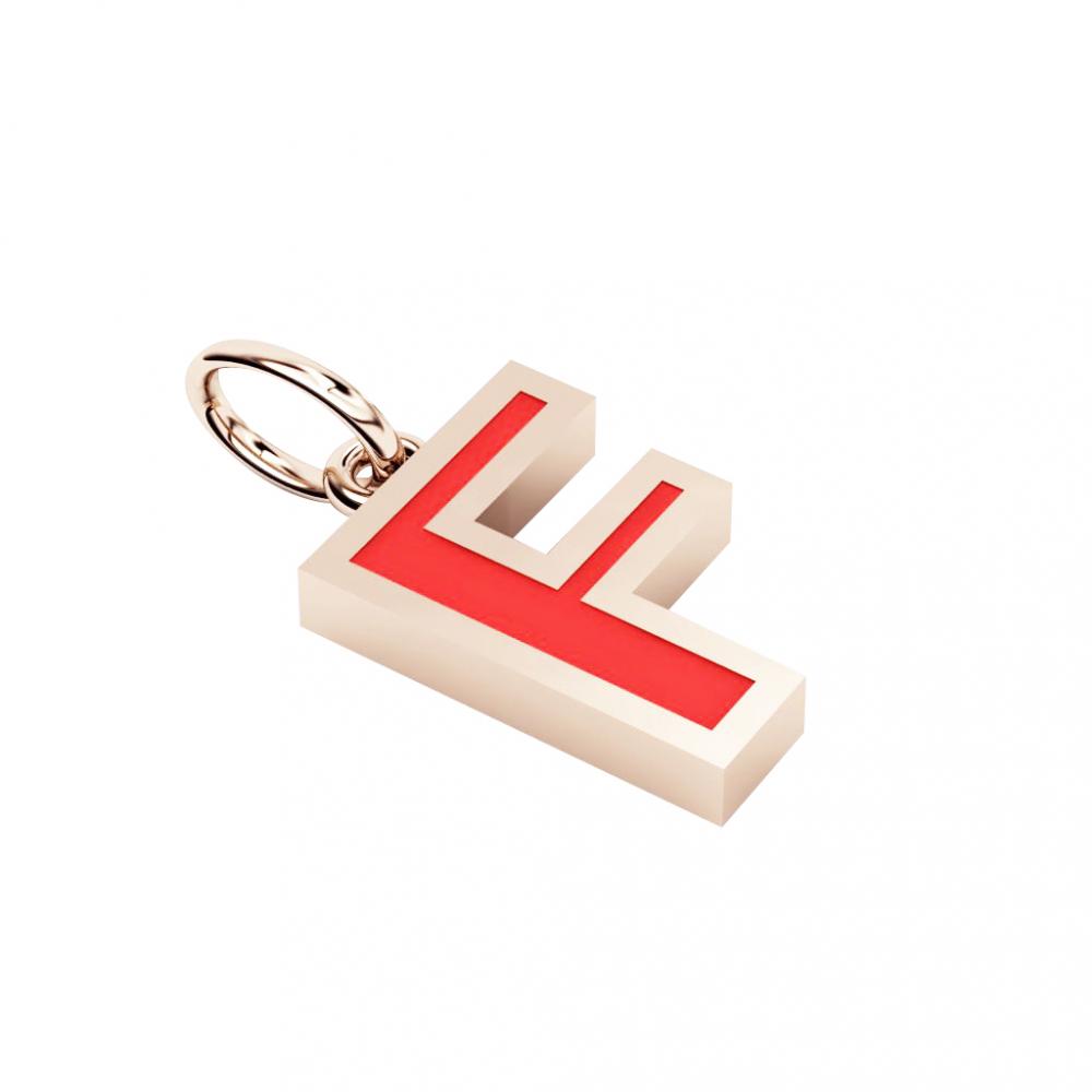 Alphabet Capital Initial Letter F Pendant, made of 925 sterling silver / 18k rose gold finish with red enamel