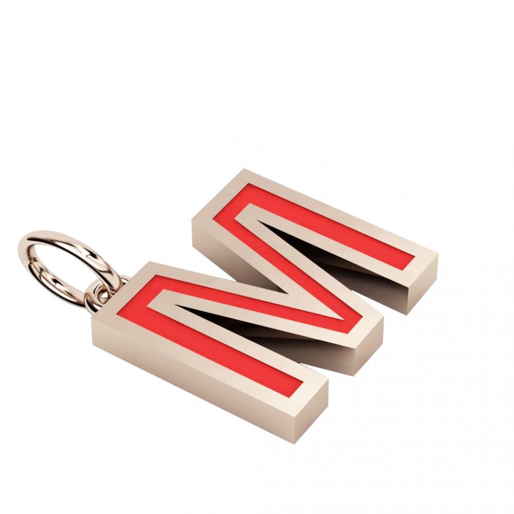 Alphabet Capital Initial Letter M Pendant, made of 925 sterling silver / 18k rose gold finish with red enamel