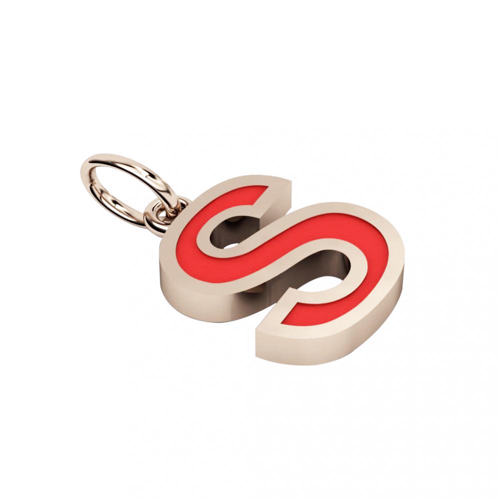 Alphabet Capital Initial Letter S Pendant, made of 925 sterling silver / 18k rose gold finish with red enamel