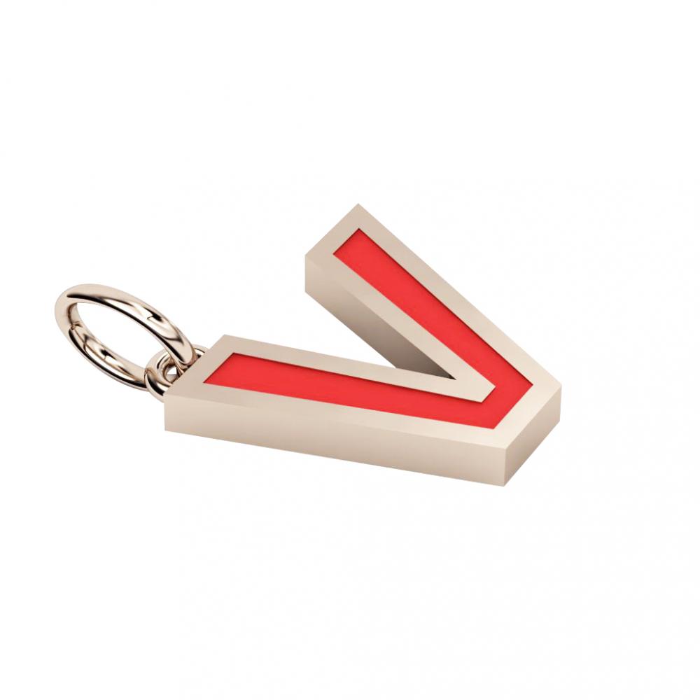 Alphabet Capital Initial Letter V Pendant, made of 925 sterling silver / 18k rose gold finish with red enamel