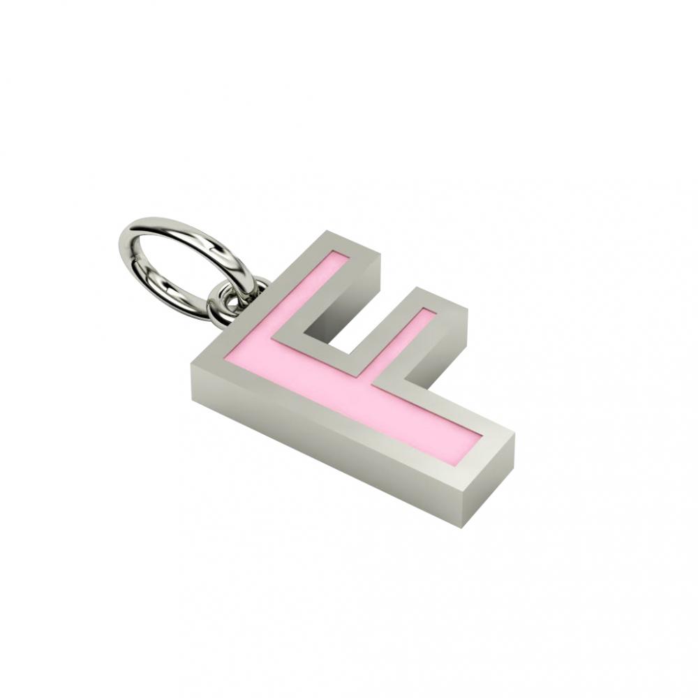 Alphabet Capital Initial Letter F Pendant, made of 925 sterling silver / 18k white gold finish with pink enamel
