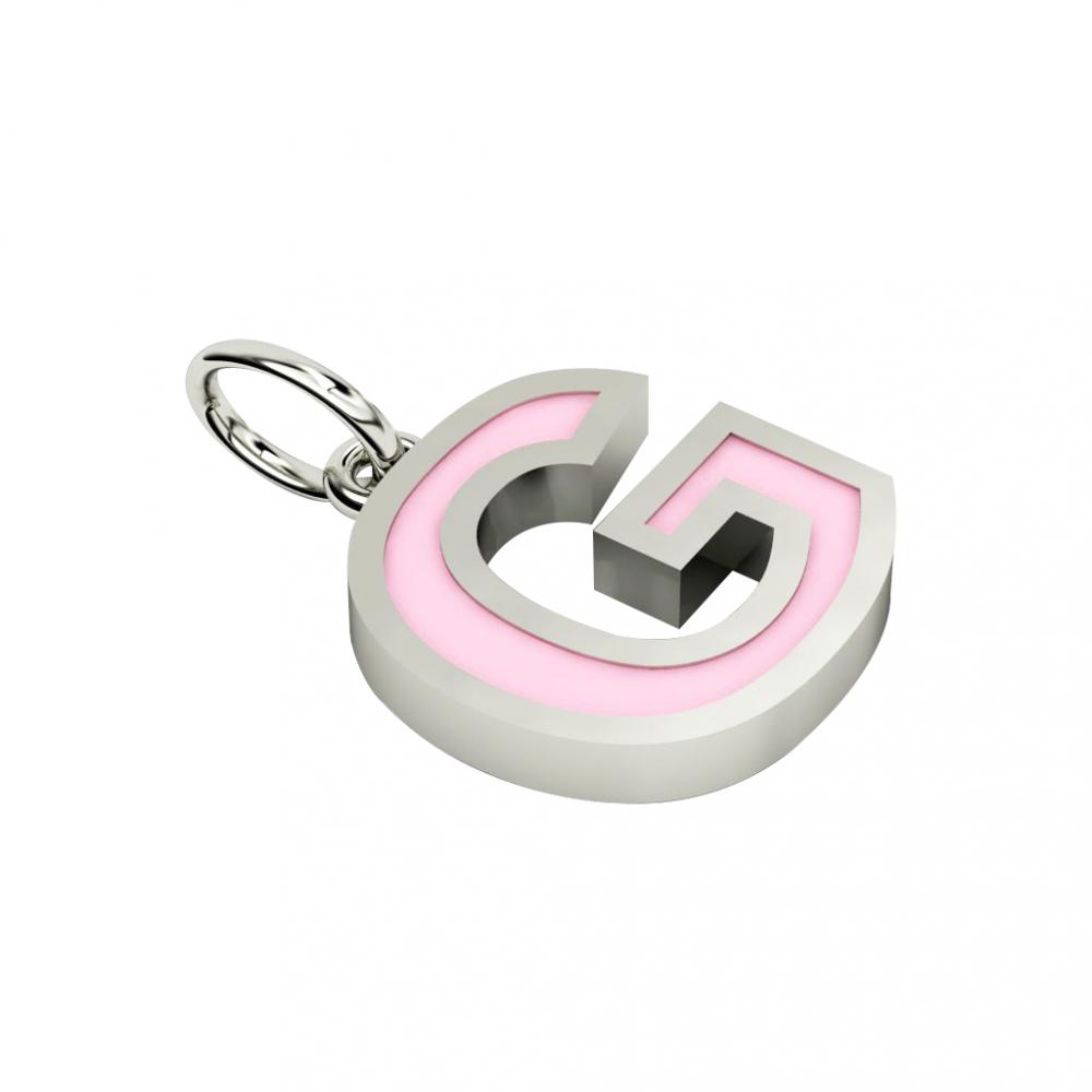 Alphabet Capital Initial Letter G Pendant, made of 925 sterling silver / 18k white gold finish with pink enamel