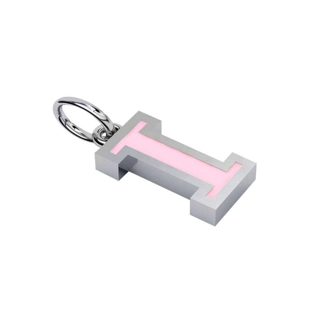 Alphabet Capital Initial Letter I Pendant, made of 925 sterling silver / 18k white gold finish with pink enamel