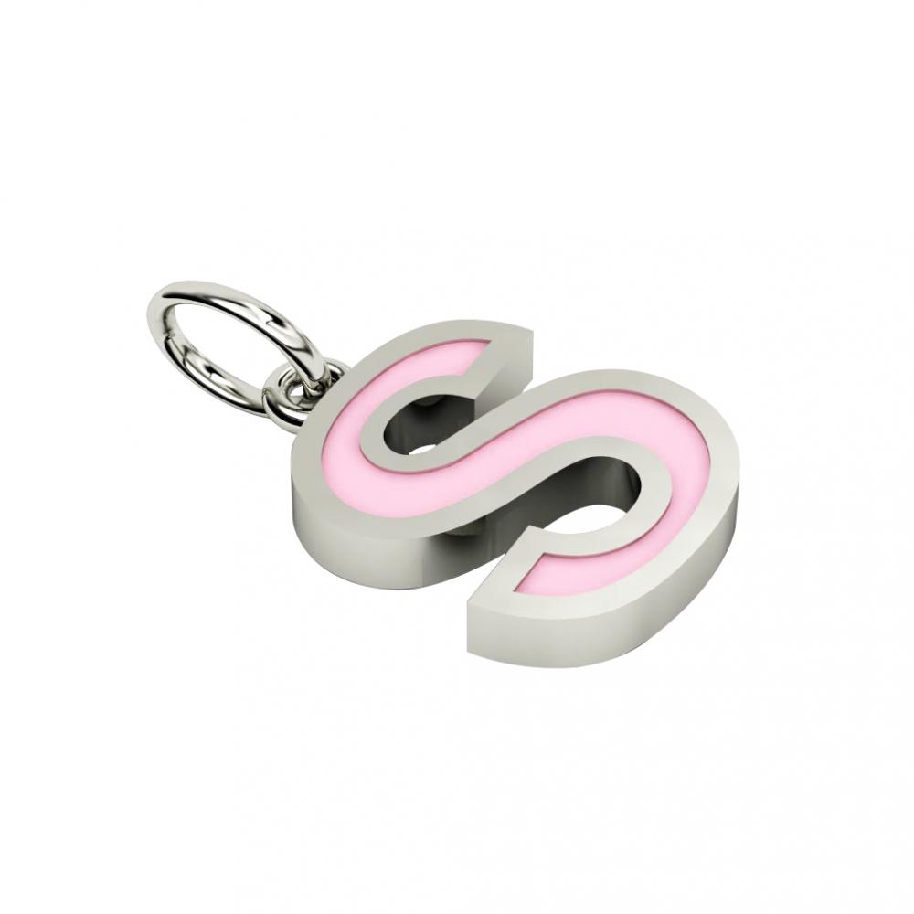 Alphabet Capital Initial Letter S Pendant, made of 925 sterling silver / 18k white gold finish with pink enamel