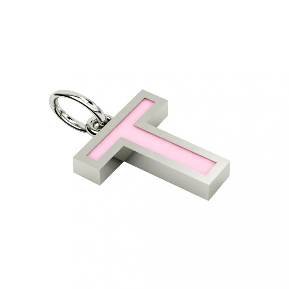 Alphabet Capital Initial Letter T Pendant, made of 925 sterling silver / 18k white gold finish with pink enamel