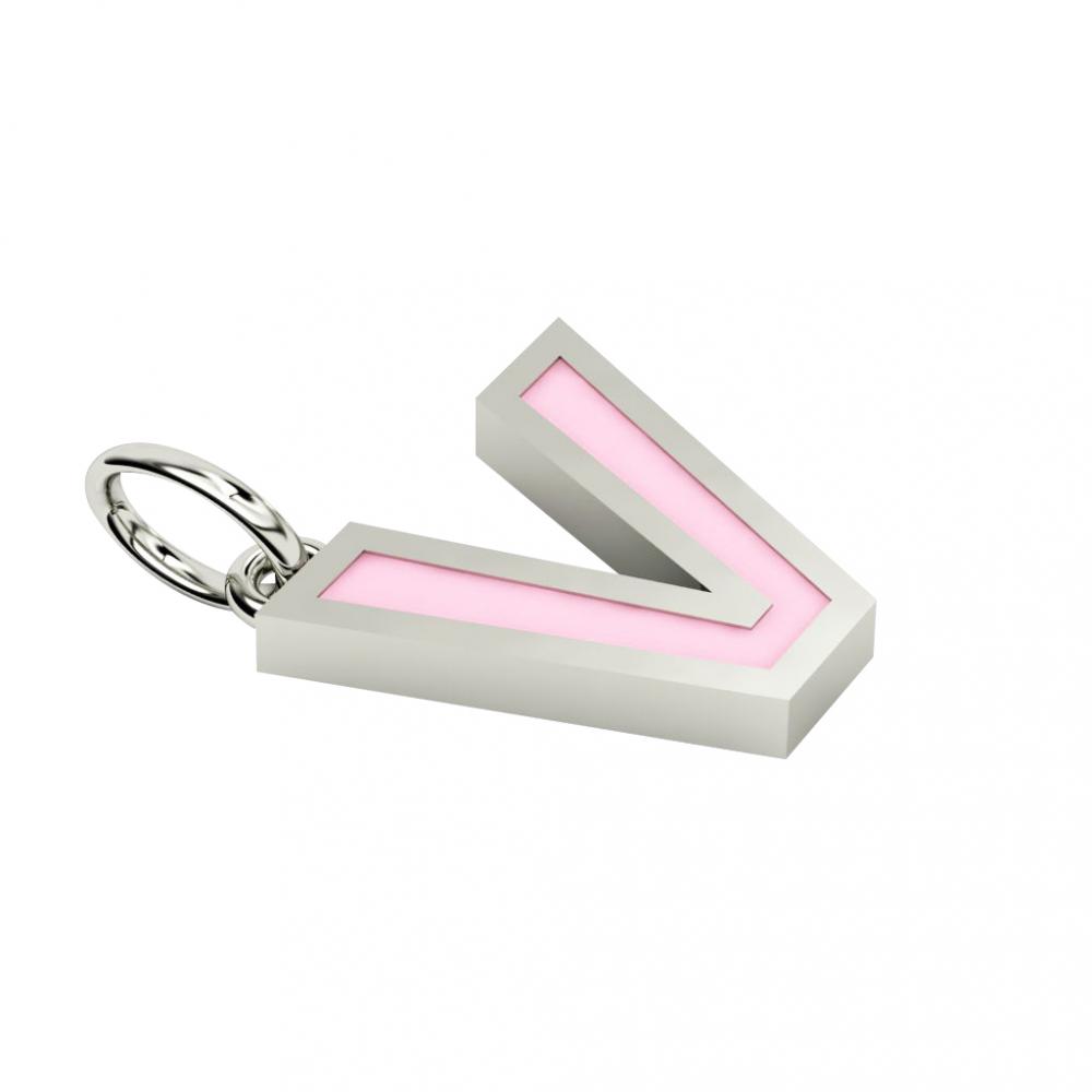Alphabet Capital Initial Letter V Pendant, made of 925 sterling silver / 18k white gold finish with pink enamel