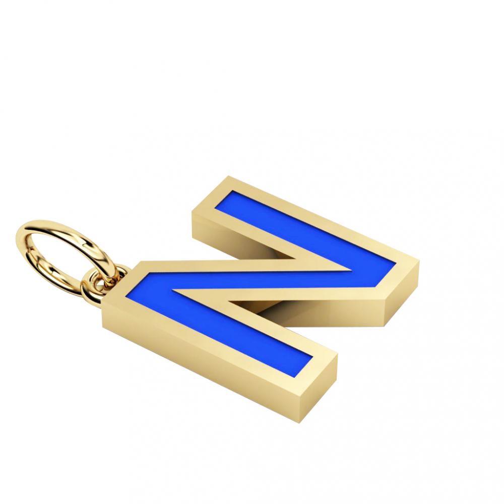 Alphabet Capital Initial Greek Letter Ν Pendant, made of 925 sterling silver / 18k gold finish with blue enamel