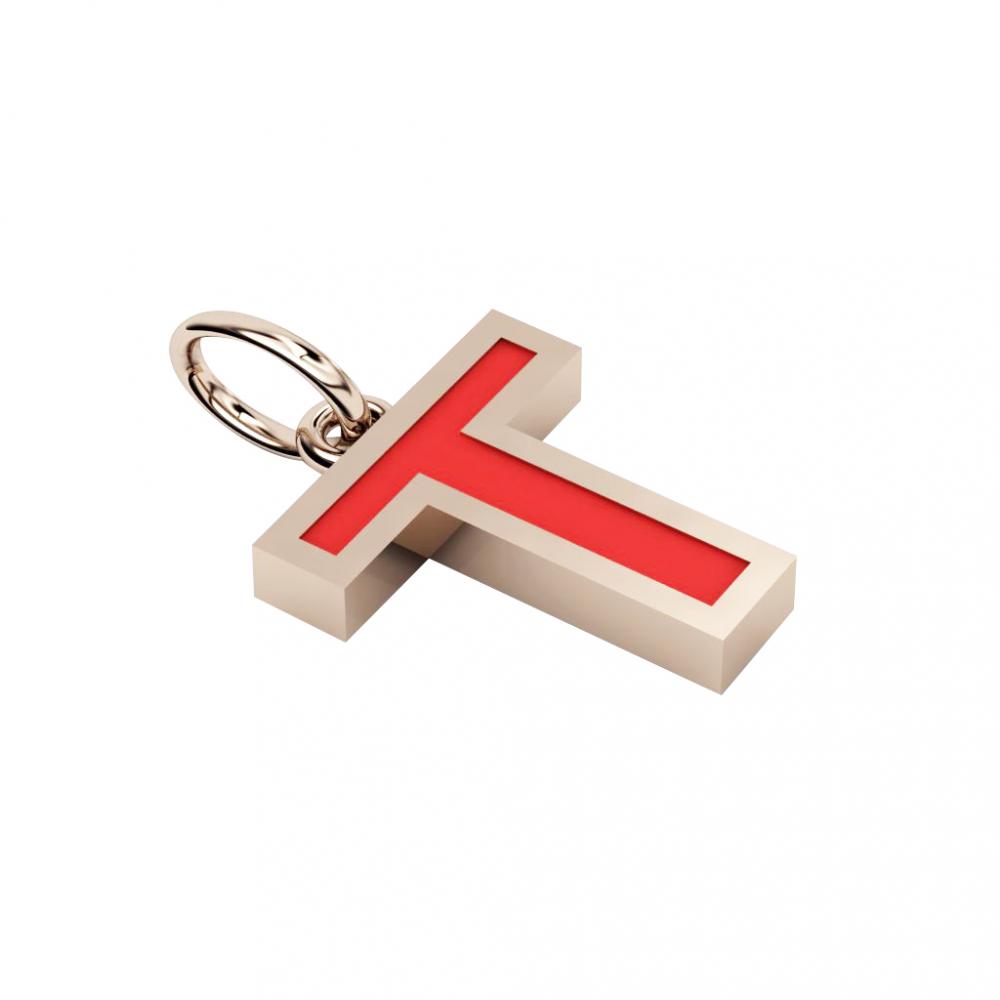 Alphabet Capital Initial Greek Letter Τ Pendant, made of 925 sterling silver / 18k rose gold finish with red enamel