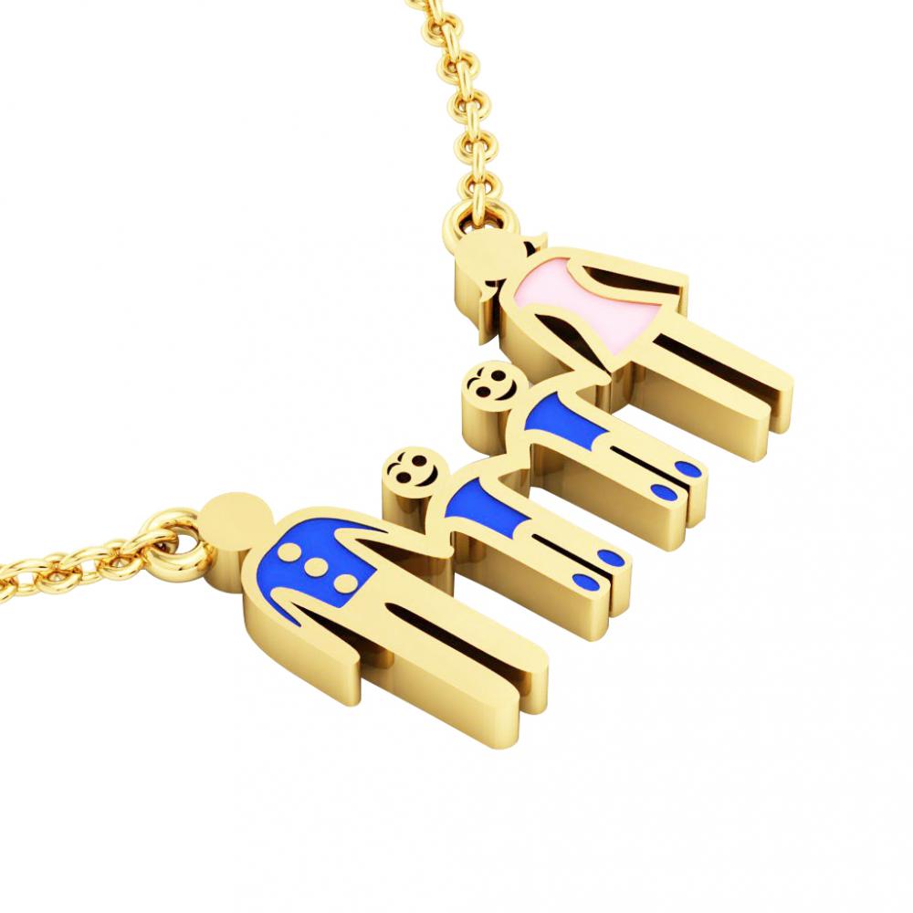 4members Family necklace, father - 2 sons – mother, made of 925 sterling silver / 18k gold finish with blue and pink enamel