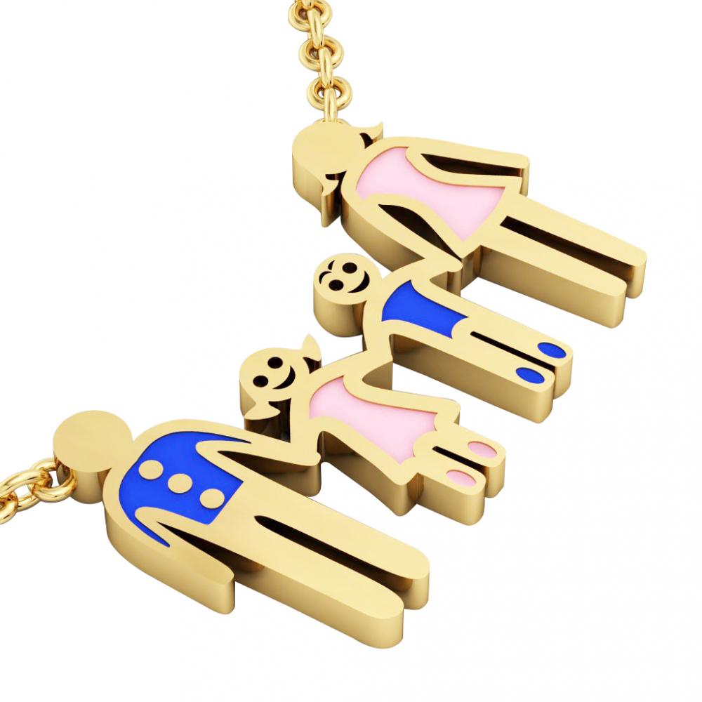 4-members Family necklace, father - daughter - son – mother, made of 925 sterling silver / 18k gold finish with blue and pink enamel