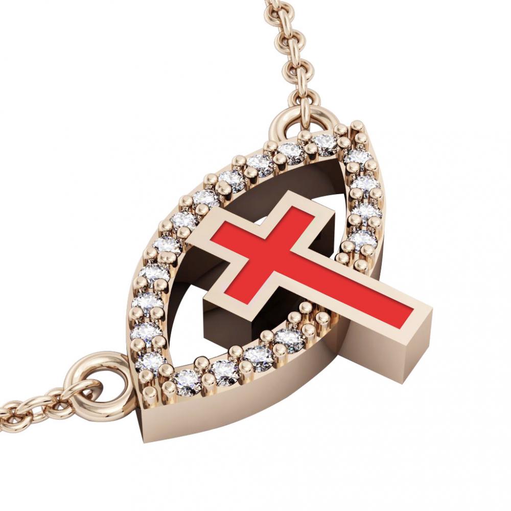 Cross Evil Eye Necklace, made of 925 sterling silver / 18k rose gold finish with red enamel and white zircon