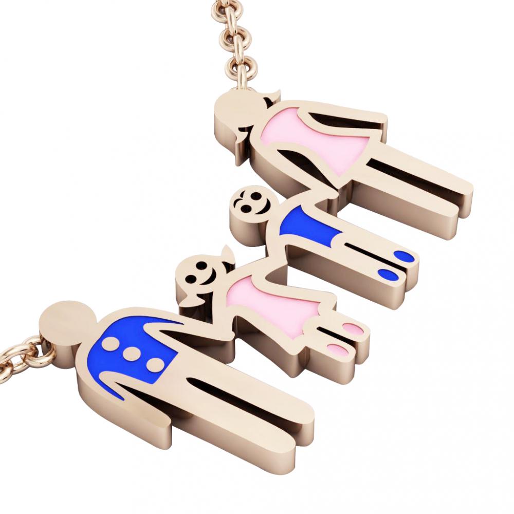 4-members Family necklace, father - daughter - son – mother, made of 925 sterling silver / 18k rose gold finish with blue and pink enamel
